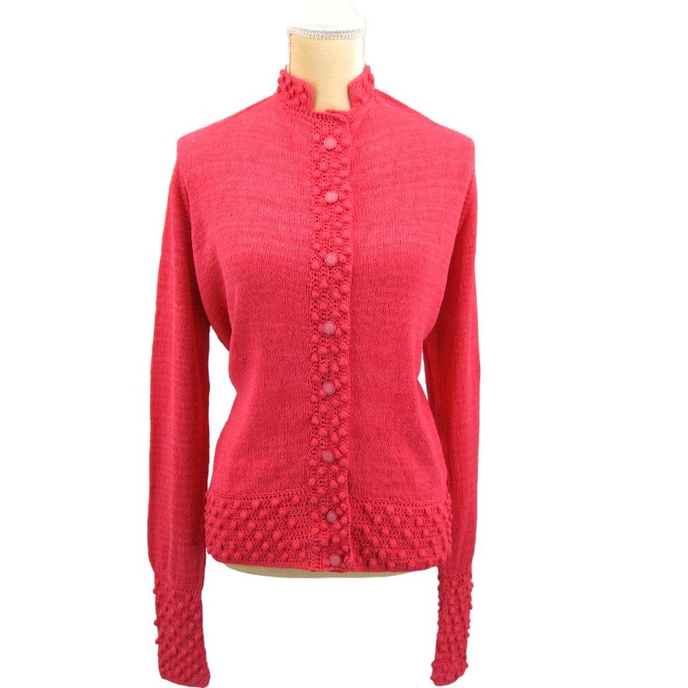 Handknit Cardigan Raised Popcorn Design Trim Bright Rose Womens Button Up L / XL